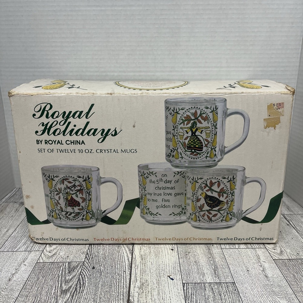 Vintage 12 Days of Christmas Crystal Mugs‎ Set By Royal Holidays 1985 NIB